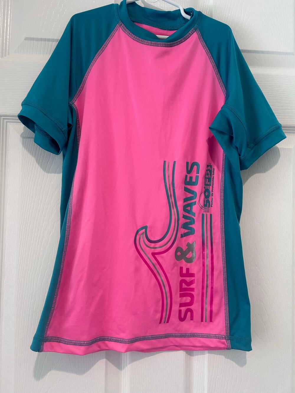 Cusma Beach & Sport Wear Rash Guard Swim Shirt UPF 50 Colorblock Pink Teal M